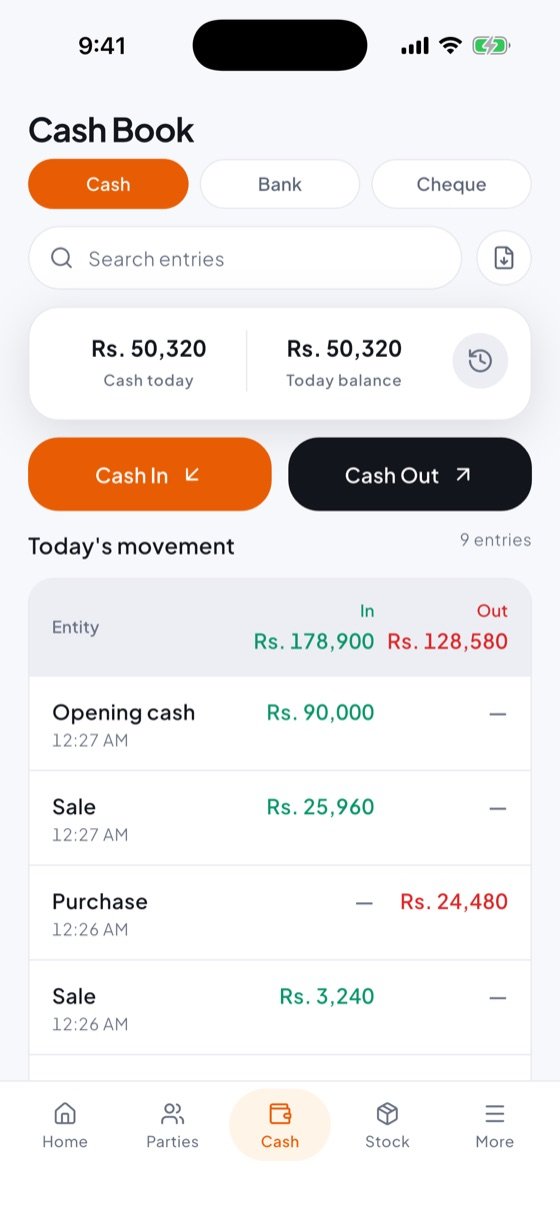 Cash Book with today's cash in and cash out entries