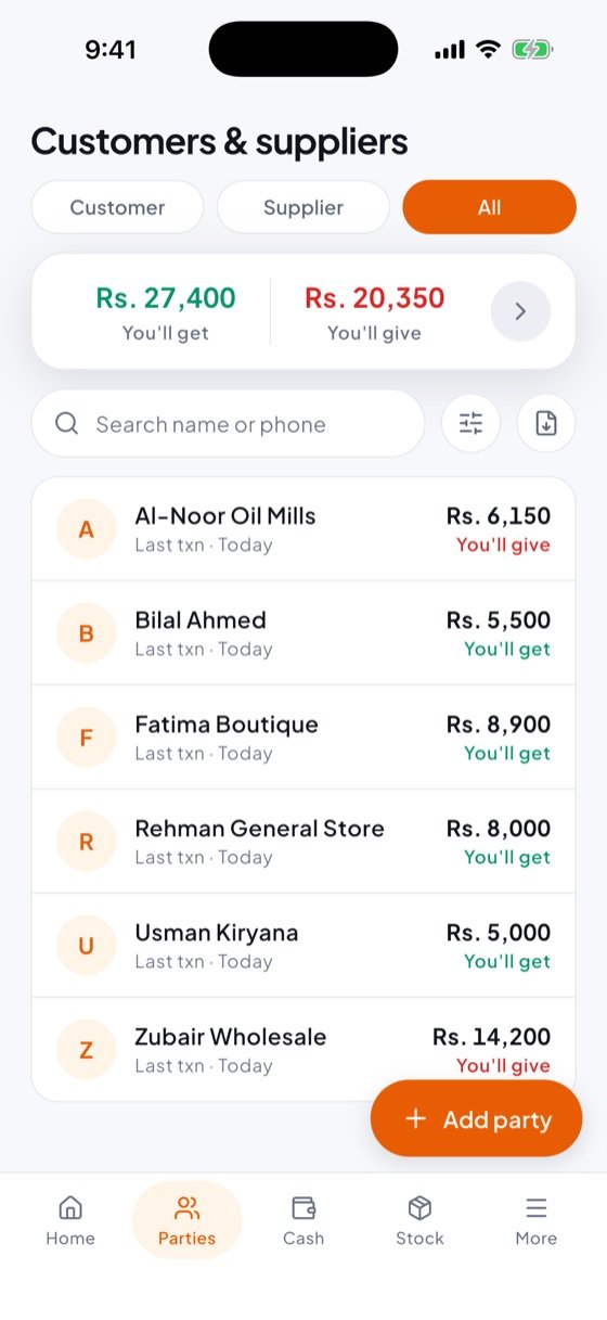 Parties list with what each customer owes and what you owe each supplier